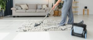 Woman with accumulator vacuum cleaner urban fresh