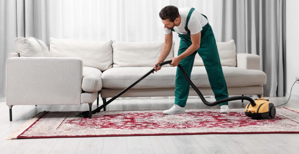 dry cleaners employee hoovering carpet with vacuum cleaner in room urban fresh